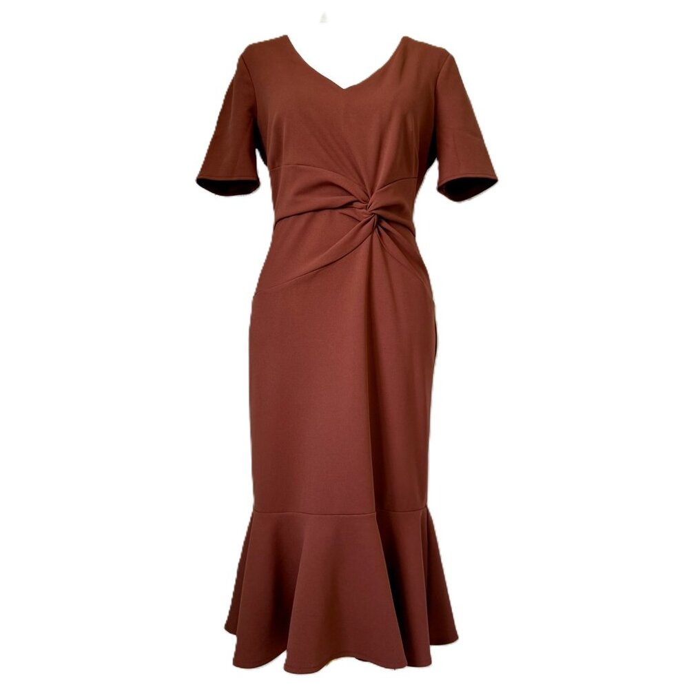 LONDON TIMES | Rust Colored Twisted Flounce-Hem Midi Dress Sz 8